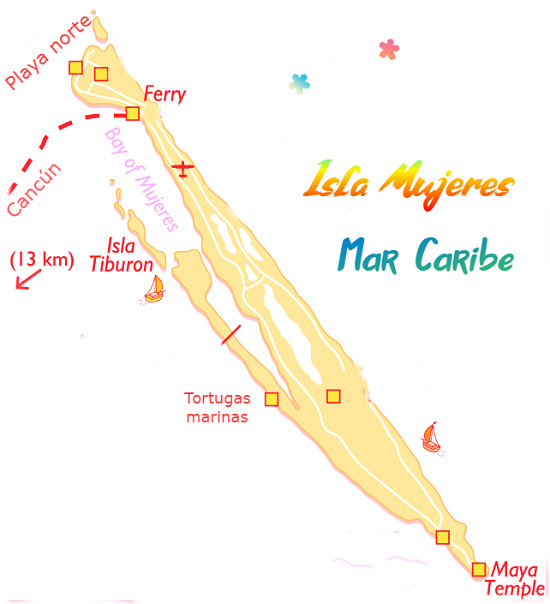 mapa Isla Mujeres, México en el Mar Caribe